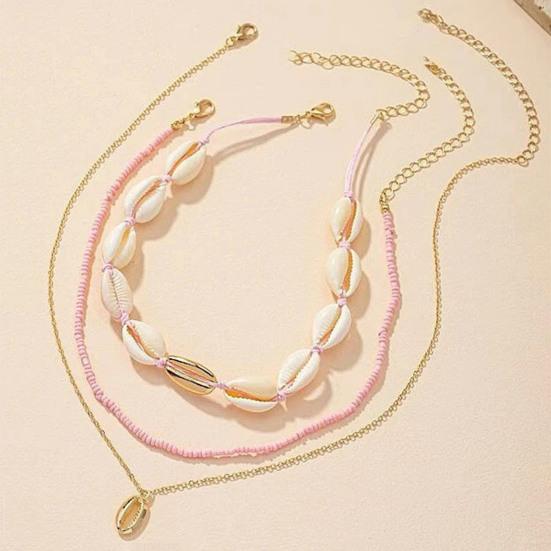 Set da 3 Pezzi Collana di Conchiglie con Perline Stile Boho Leggera a Strati Gioiello Accessorio Oceano Regalo