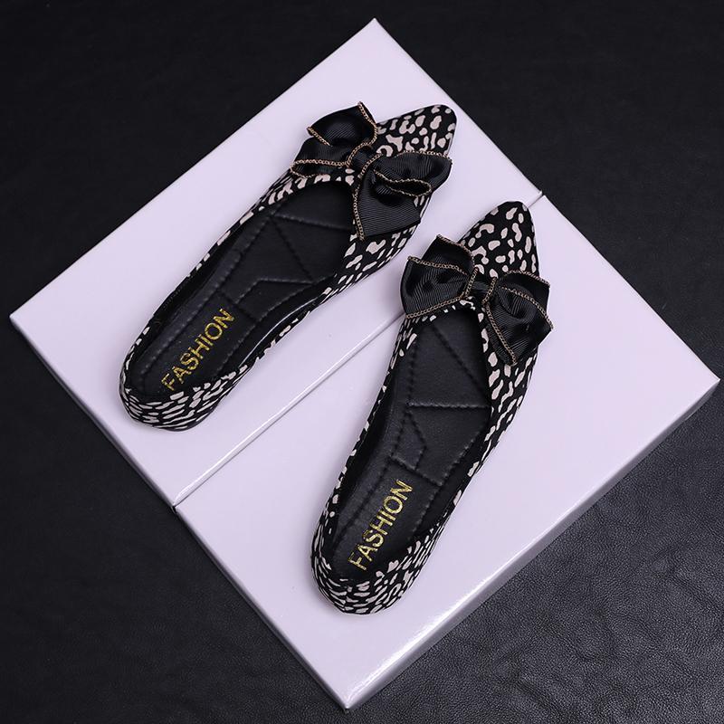 New Style Women Flats Pointed Toe Boat Shoes Leopard Slip on Flat Shoes Woman Loafers Big Bow Ballet Flats Comfort Ladies Shoes