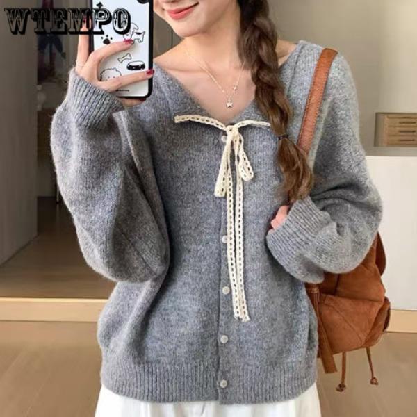 

Кружевной свитер-пальто с кружевным лацканом на шнуровке для женщин, однотонный, свободный, вязаный кардиган, повседневный теплый топ с длинными рукавами для осени и зимы 2XL серый