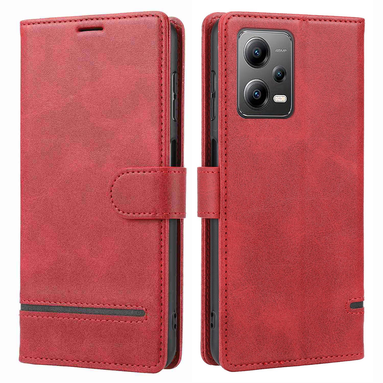 

For Xiaomi Redmi Note 12 5G (Global)/(India)/(China)/Poco X5 5G Horizontal Line Leather Case Stand Wallet Cover Red