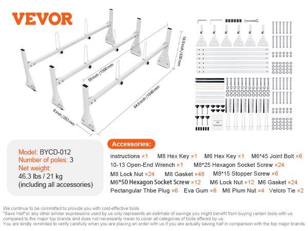 SucceBuy Trailer Ladder Rack Adjustable Roof Rack 2/3 Crossbars Van Roof Ladder Rack Fit for Chevrolet 1500/Ford E150/GMC Savana