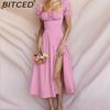 BITCED Spring/Summer Long Dress Women's Commuter Puff Sleeve Tie-Waist Slit Dress