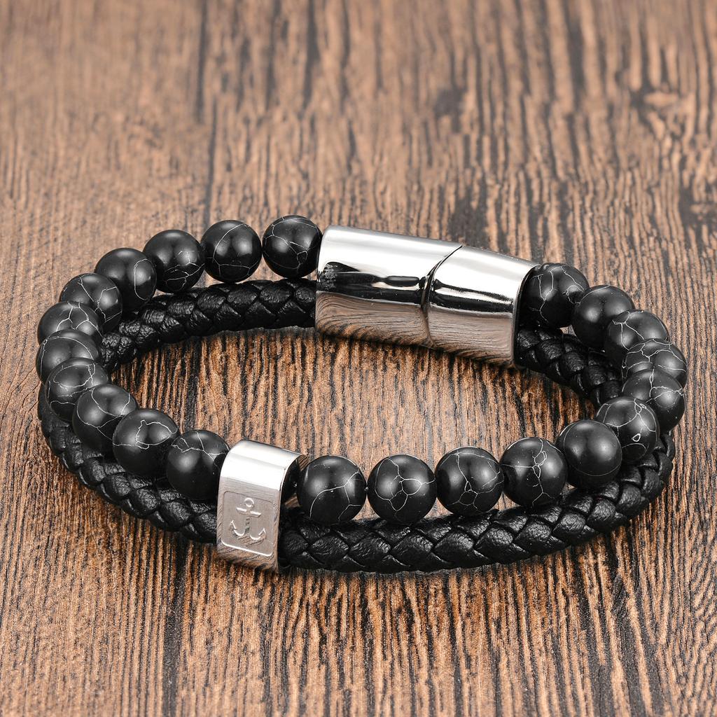 Anchor Black Leather Rope Cowhide Men's Natural Stone Leather Woven Bracelet Handmade Multilayer Leather Bracelet 2026
