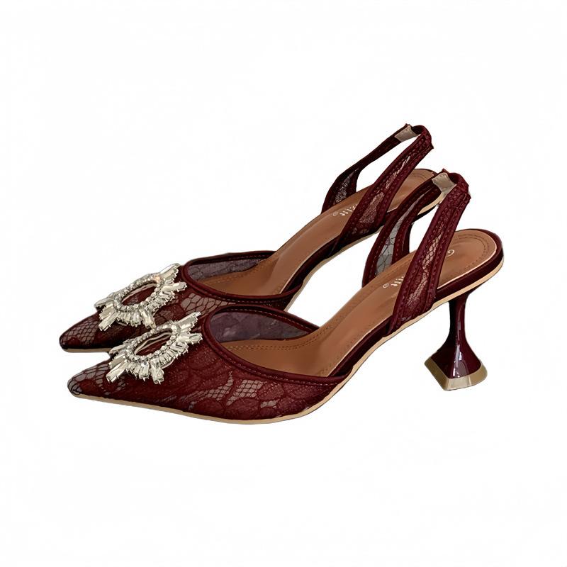 Sandals girl new versatile pointed fairy mesh bag head rhinestone thin heel single shoes high heel sexy