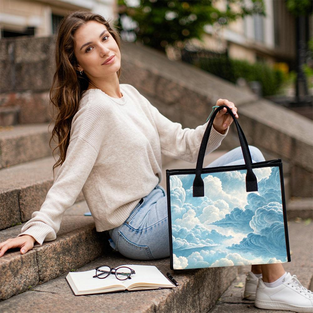 Cloud Print Casual Tote Bag Large Capacity Lightweight Daily Shoulder Purse for Outdoor Travel Shopping