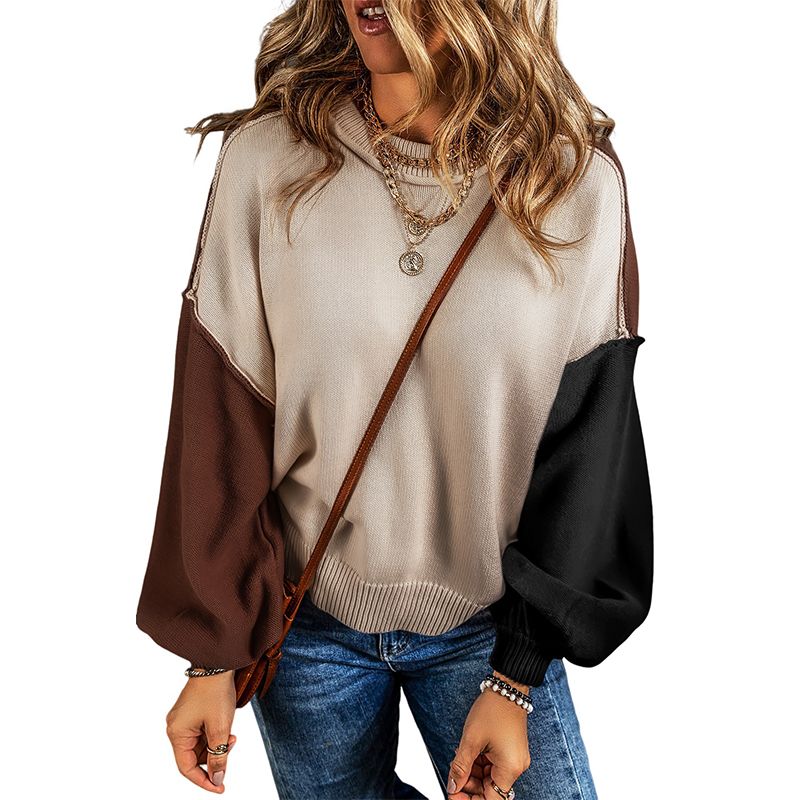 

Special Offer Contrast Color Patchwork round Neck Fashionable Knitted Sweater Brown L code fits (62.50 kg-70.00 kg