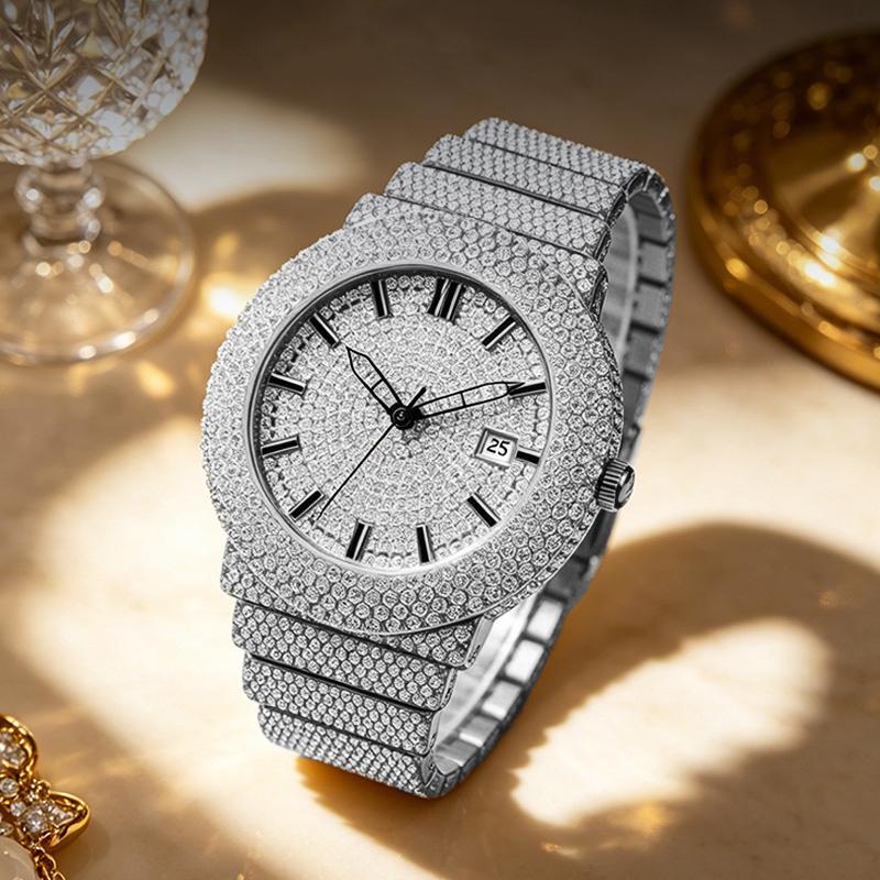 Damen Strass Uhren Hip Hop Stil Diamantbesetzte Quarz Armbanduhr Wasserdichte Schmuckuhr für Sie
