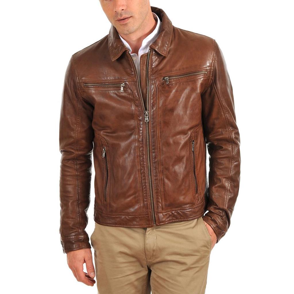 SKINOUTFIT Men's Genuine Lambskin Tan Leather Jacket Stylish Motorcycle Bomber Biker Outerwear MJ 45