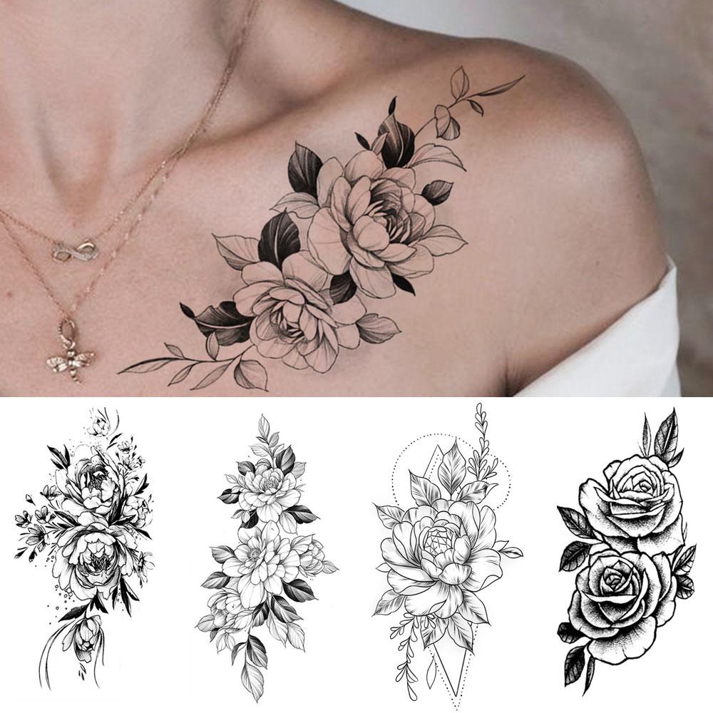 Adesivo Tatuaggio Temporaneo Impermeabile Fiori Rose Gigli Peonie Motivi Geometrici Body Art Braccio Tatuaggi Finti Manica Donna Uomo