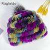 Heißer Kaninchen Fell Pompon Hüte Frauen Winter Flauschigen Warme Gestrickte Elastische Mützen Fuchs Echtpelz Stricken Hut Weiche Elastische Gestreiften Skullies