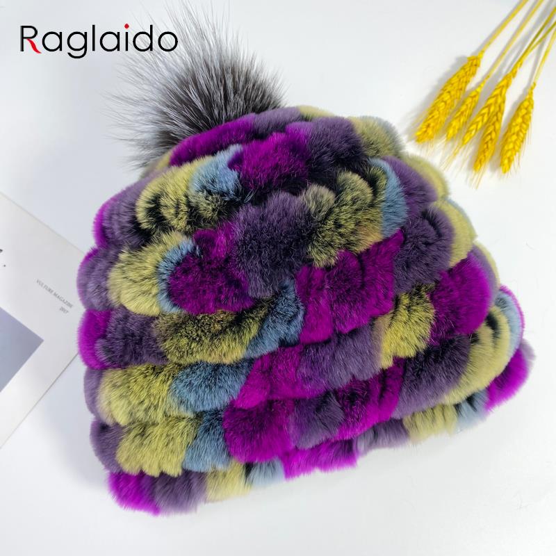 Heißer Kaninchen Fell Pompon Hüte Frauen Winter Flauschigen Warme Gestrickte Elastische Mützen Fuchs Echtpelz Stricken Hut Weiche Elastische Gestreiften Skullies
