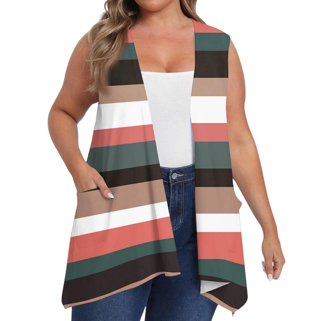 Damen Übergröße Locker Lässig Bedruckt Ärmellos Weste mit Tasche Strickjacke Jacke Strickjacke Jacke