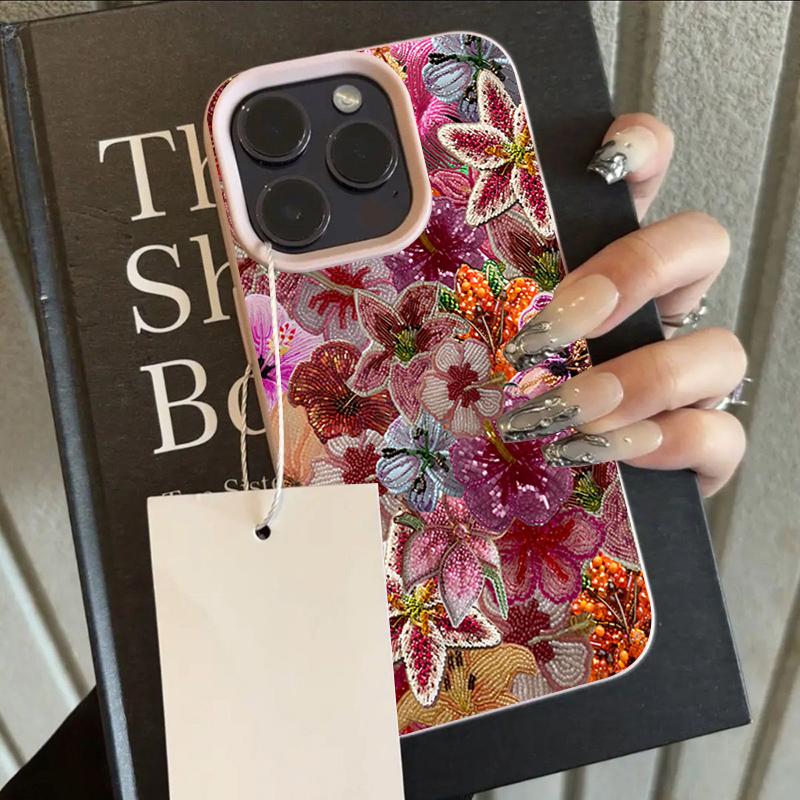 Luxurious Beaded Flower Lychee Texture Phone Case For iPhone 17 Air 16 e 15 14 13 12 11 Pro Max Plus SE Silicone Soft Cover