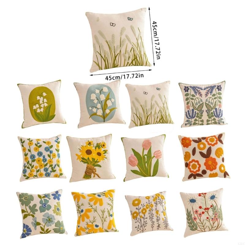 Pillowcase Flower Embroidered Canvas Cotton Pillowcase Soft Breathable Cushion Cover For Sofa Bedroom Home Decoration X3UC