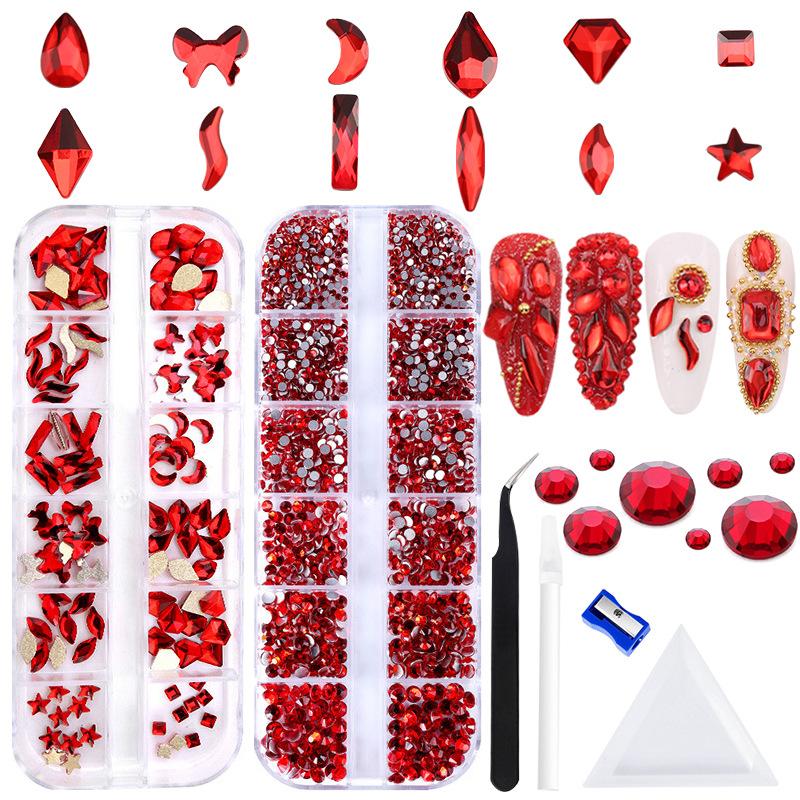 

День святого Валентина Красный и зеленый дизайн ногтей Стразы специальной формы набор бриллиантов Двойная коробка 12 сетка набор бриллиантов для дизайна ногтей Плоский нижний бриллиант Стеклянный бриллиант