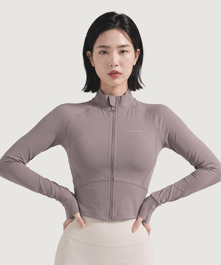 WANNABEZFIT Lettering Zip-Up Crop Jacket Warm Gray