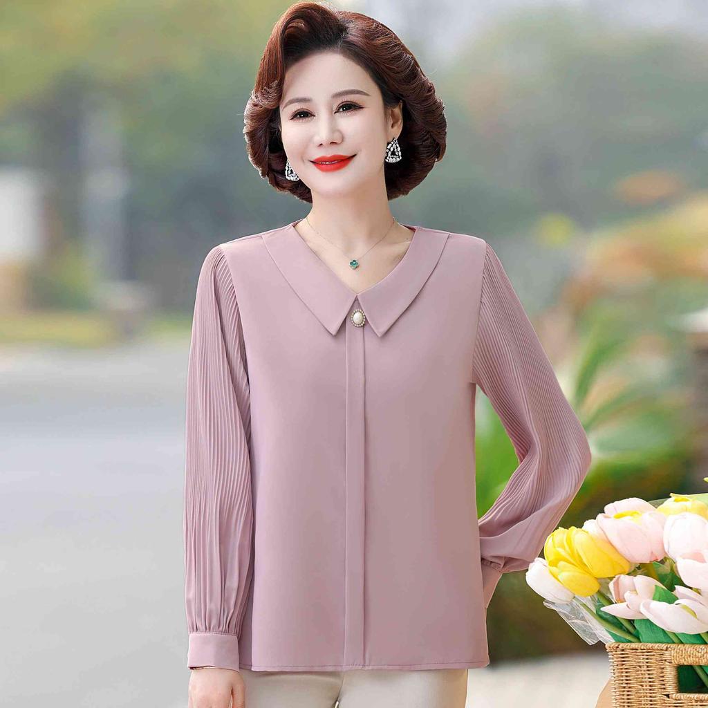 Mom's Spring and Autumn Chiffon Shirt Long Sleeve Middle Aged and Elderly Women's Top Clothes Spring Clothing