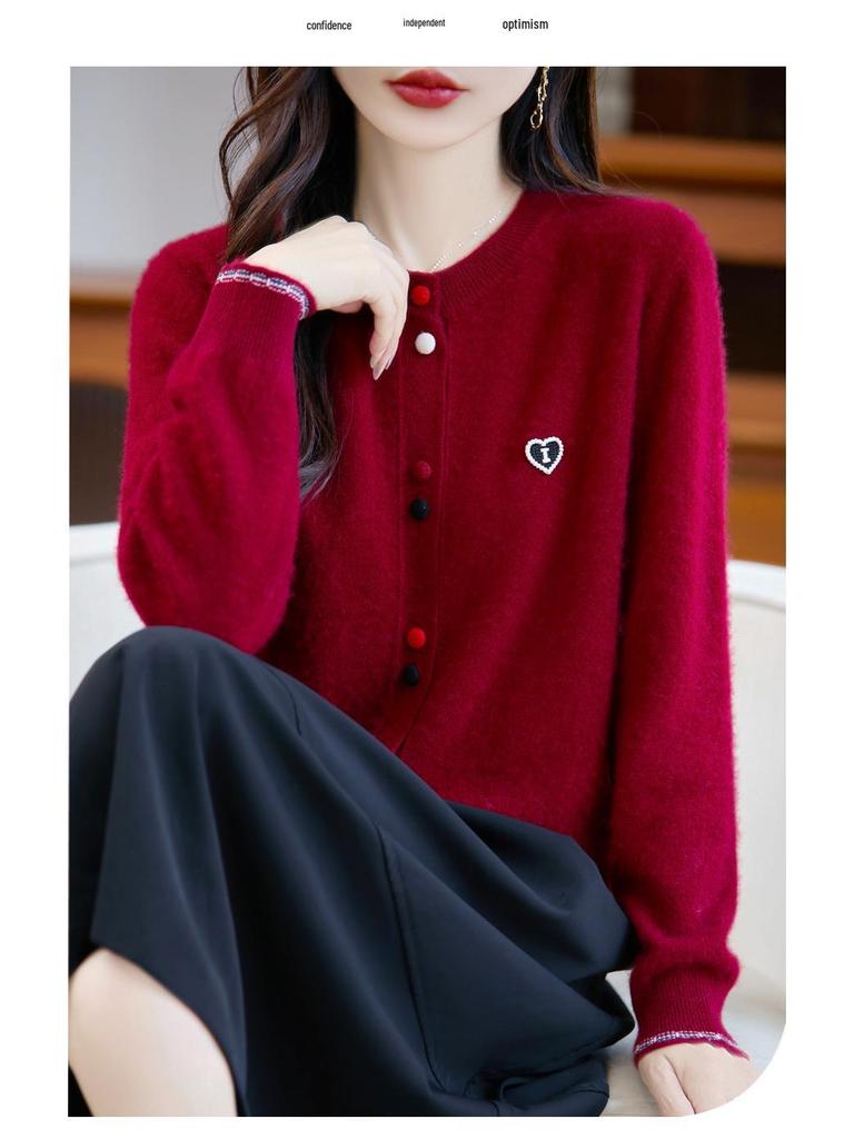 Designer Color Block Wool Cardigan - Heart Buckle, Round Neck, Versatile Casual Sweater for Autumn/Winter