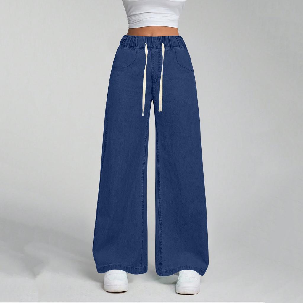 Pantaloni casual largi cu picior drept, cu talie înaltă și șnur, pentru femei