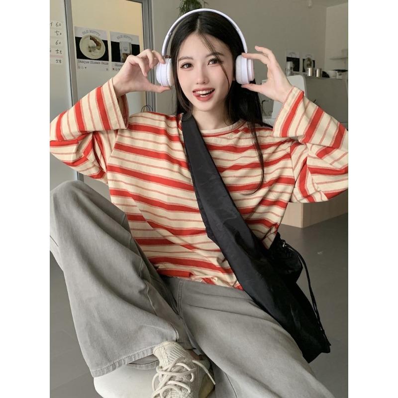 Crew Neck Striped Long Sleeve Shirt Women's Autumn New Design Loose Slimming Casual Student Slit Top