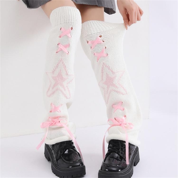 Women's Knitted Leg Warmers with Star Pattern and Ribbon Ties Harajuku Fairycore Flared Foot Covers Footless Long Socks