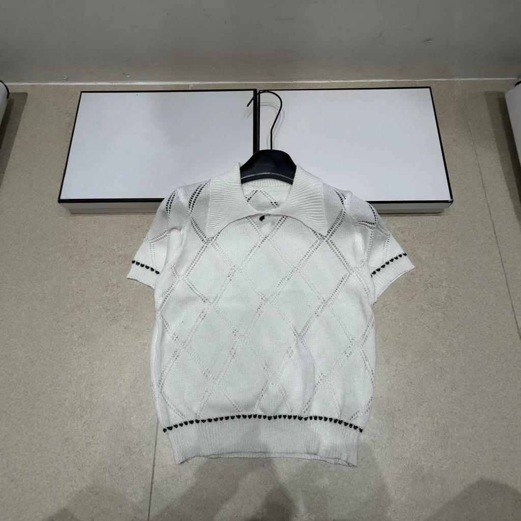European-Style Luxury Diamond Pattern Knit Top with Lapel - 2026 Summer Arrival