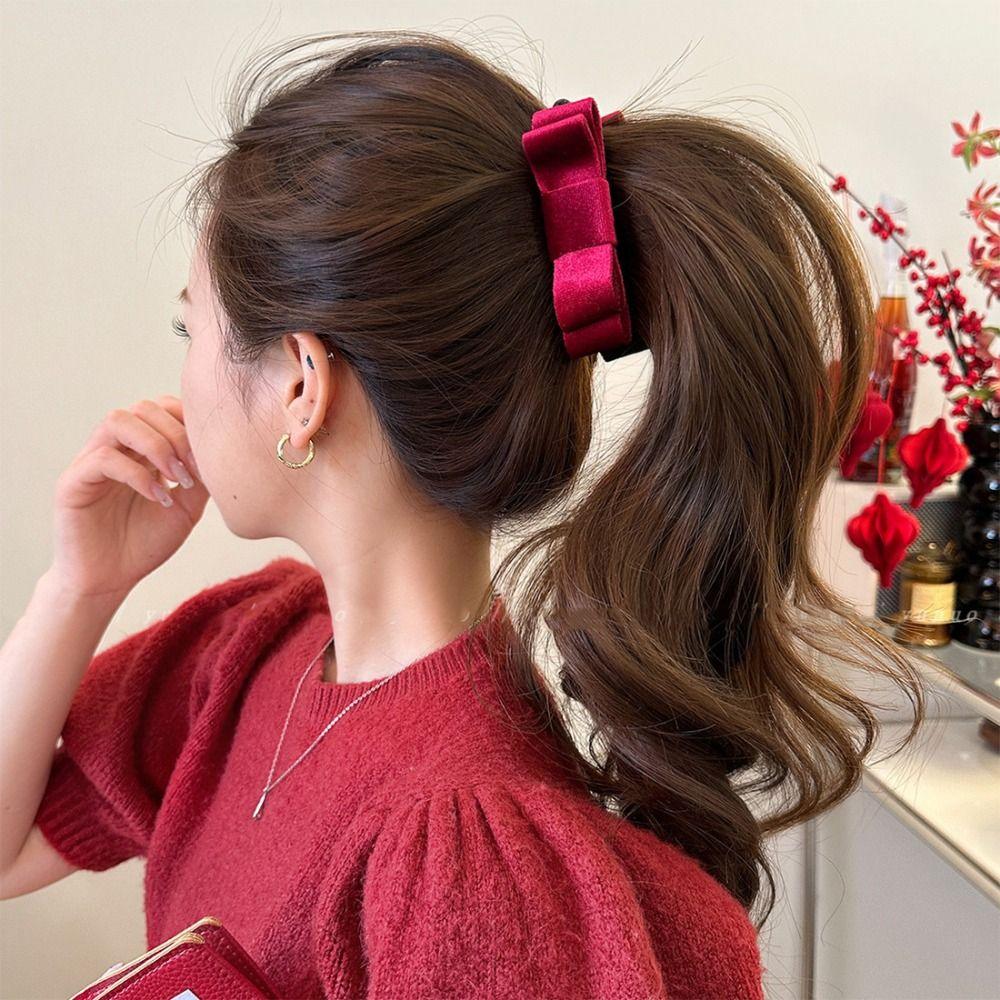 Hair Clips Bowknot Banana Clip Black Bow Vertical Clip Elegant Red Velvet Bow Hair Clip  Hairpin