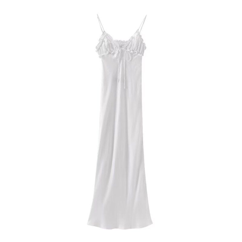Fashion Style 2024 Summer Women's Laminated Decoration Silk Satin Texture Midi Skirt Sling Mid-Length Dress 3072/