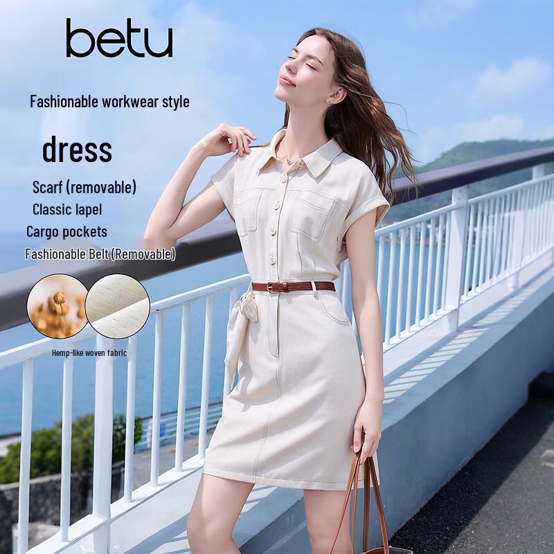 Betu Women s Summer Workwear Linen Blend Short-Sleeve Dress L