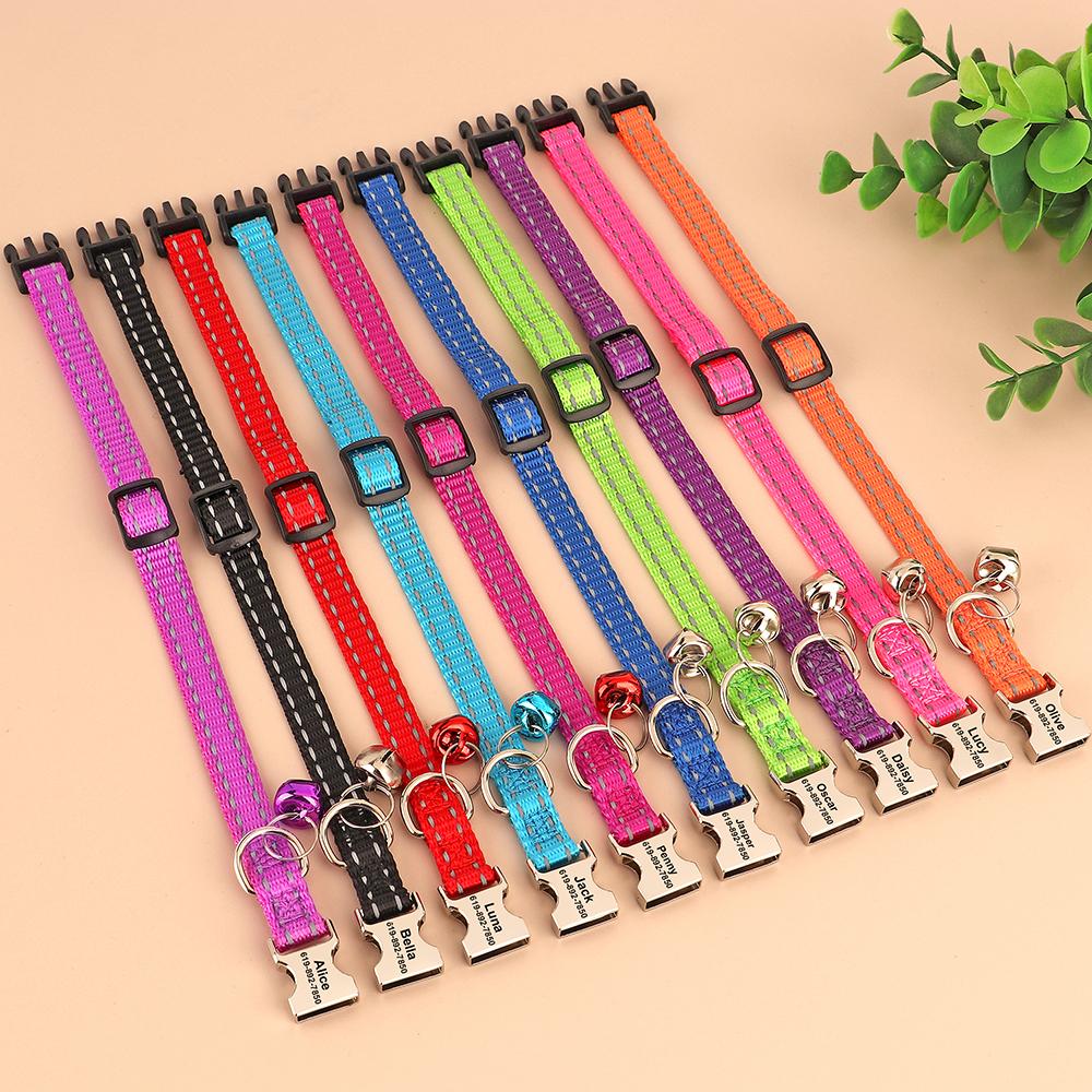 Collare per gatti personalizzato Collare per cani in nylon riflettente Collari identificativi con campana Incisione gratuita per gatti Cani di piccola taglia Chihuahua 10 colori