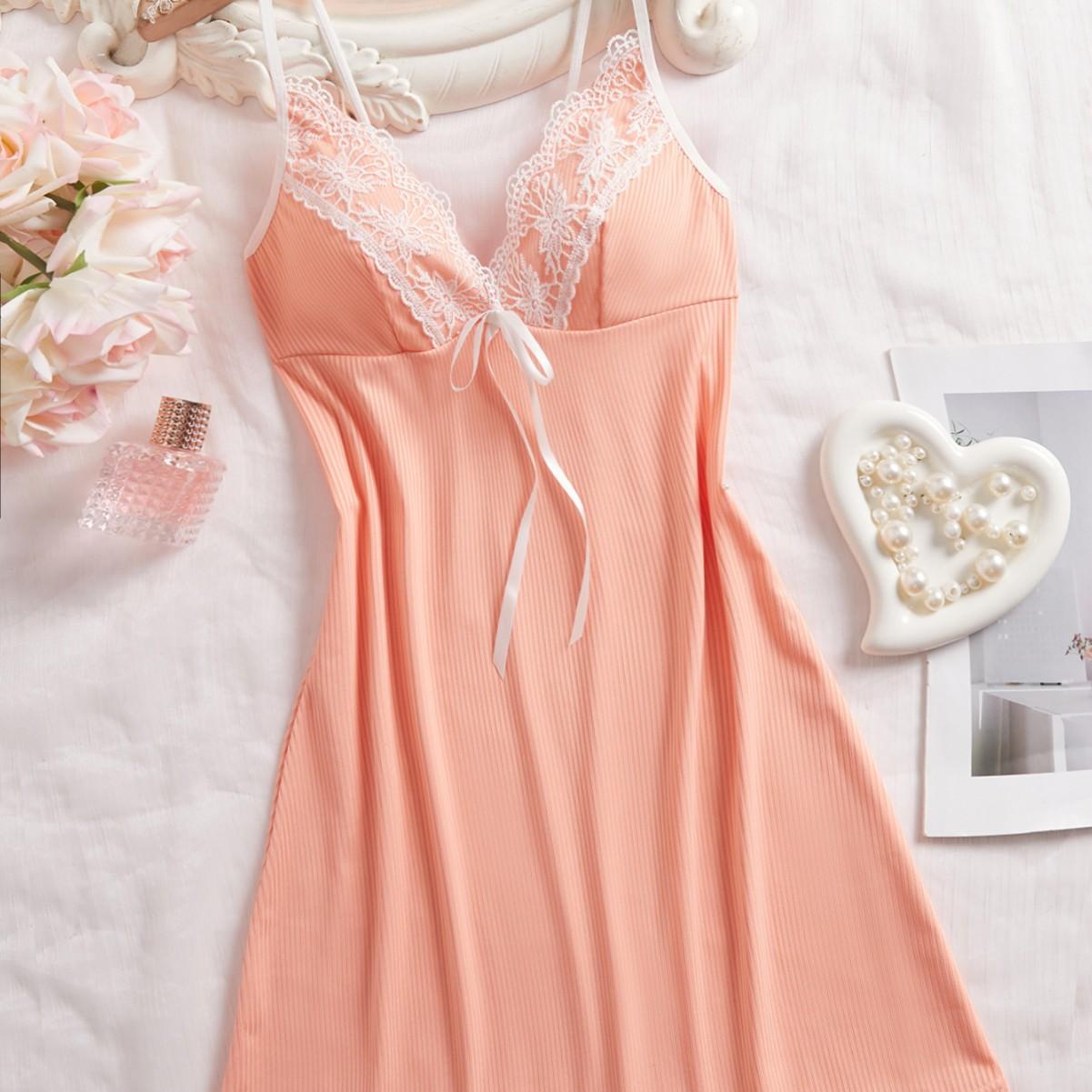 Удобное дышащее кружевное сексуальное облегающее платье-комбинация на бретельках S оранжевый