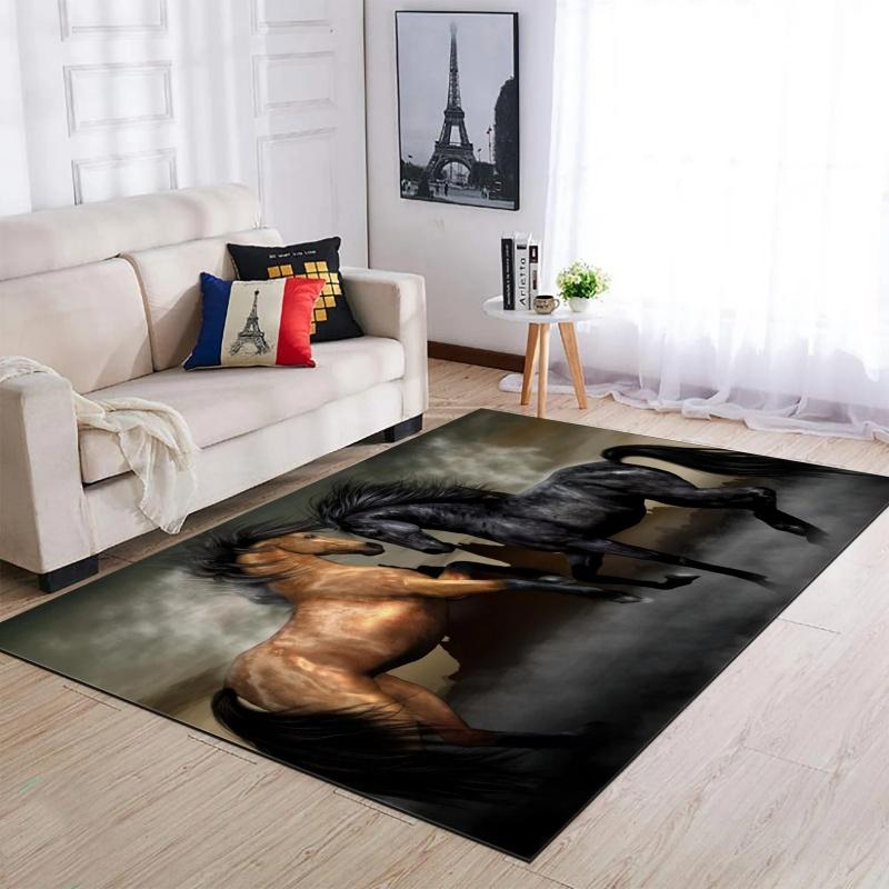 Two Fighting Horses Area Rug, Brown And Black Wild Horse Print Floor Mat for Living Room Bedroom Home Art Decor