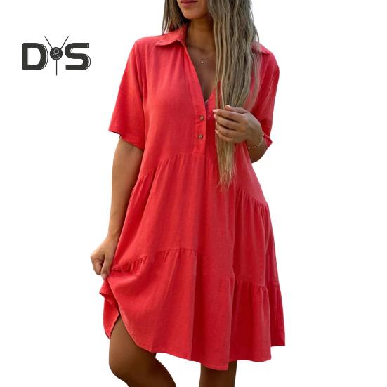 Summer Midi Dress V Neck Patchwork Hem Loose A-line Short Sleeves Pleated Solid Color Knee Length Dress for Beach Dating Parties