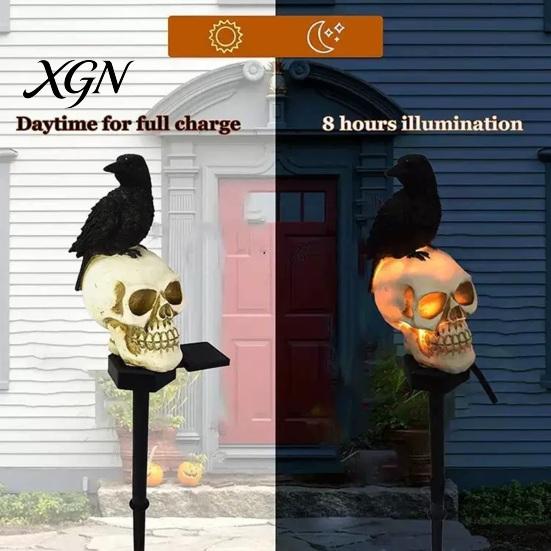 Weatherproof Solar Lights for Outside LED Crow Skull Light, Waterproof Halloween Pathway Gothic Horror Party Gifts Collectors on Skeleton Head