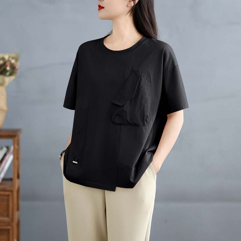 Dimanaf 2025 New Summer Women Loose Plus Size T-Shirt O-Neck Short Sleeve Basic Casual Tops Asymmetrical