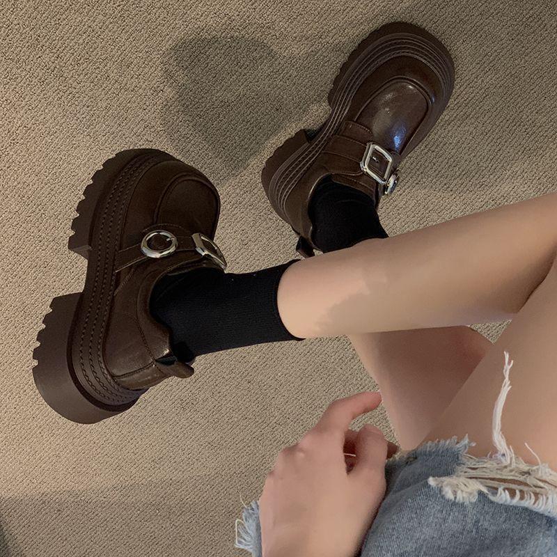 British Style Fashion Small Leather Shoes Platform Single Shoes Women's Metal Buckle Muffin Heightening Loafers 2025 New Autumn and Winter