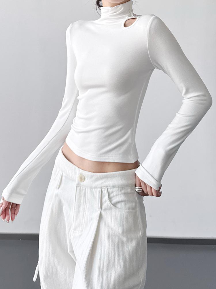 Women's Slim Fit Velvet Turtleneck Long Sleeve T-Shirt, Gray, 2025 Spring/Autumn/Winter Collection.