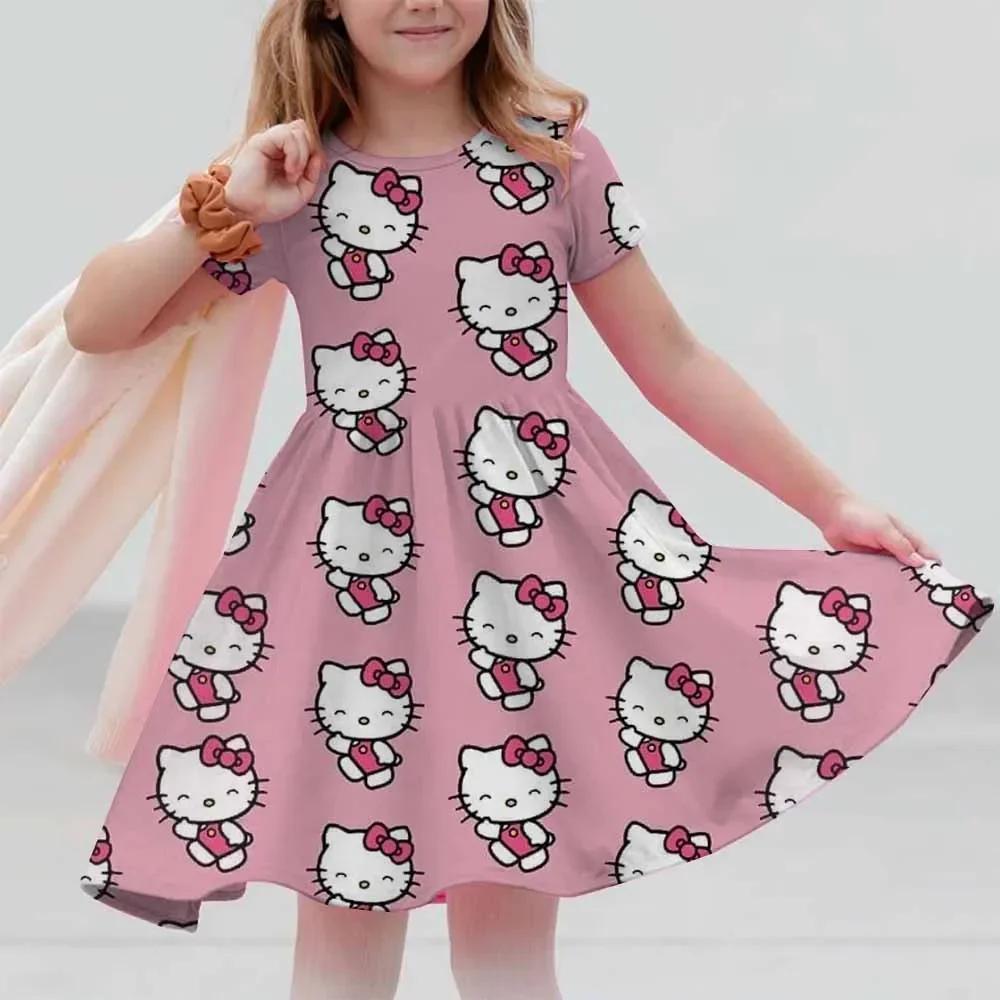 New Summer Dress Fashion Cartoon Cute Hello Kitty 3D Print Dresses Kids Short Sleeve Princess Girls Party Children Clothes