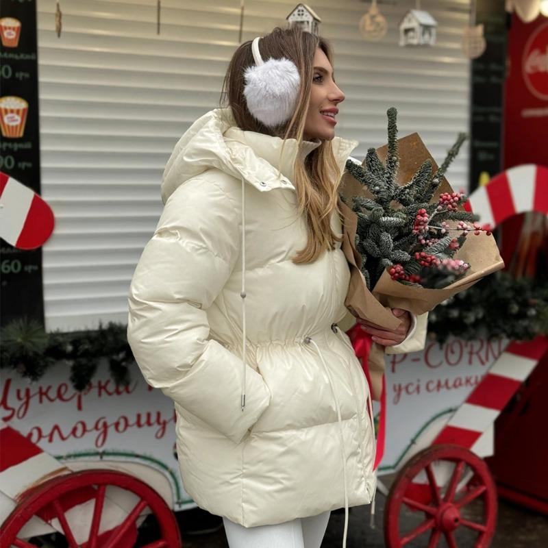 Women S Hooded Drawstring Cinched Waist Mid Length Thick Padded Winter Coat
