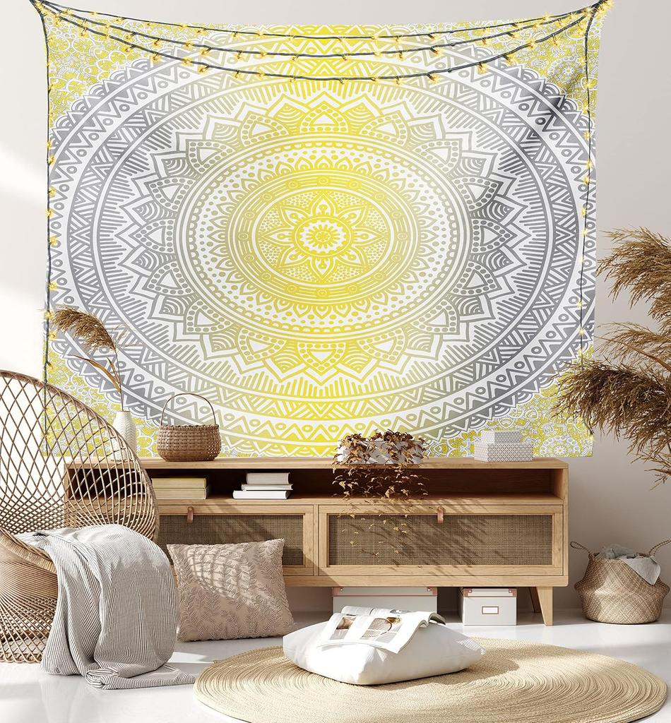 Fall Tapestry, Vibrant Misty Day in Forest Sun Rays Trees Foliage Fallen Leaves Calm View, Wide Wall Hanging for Bedroom Living