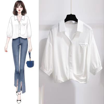 Five-point Sleeve Ice Silk White Shirt for Women In Summer New Irregular Folds Chic Temperament Shirt Top
