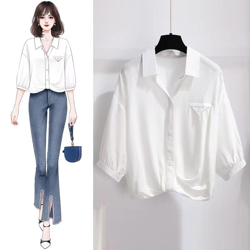 

Five-point Sleeve Ice Silk White Shirt for Women In Summer New Irregular Folds Chic Temperament Shirt Top XXL білий