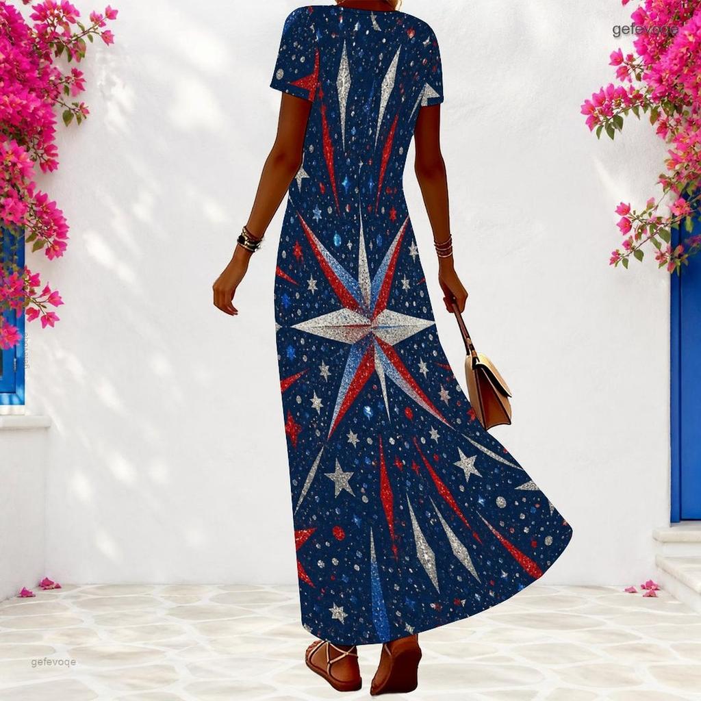 Women Plus Size V Neck Short Sleeve White Printed Maxi Dress