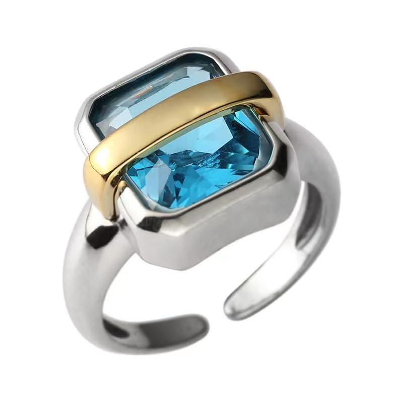 

[SUNYOBAO] S925 gold line blue stone ring Larger silver 925 ring blue mysterious night sky one ring fashionable adult women ring Stylish silver ring