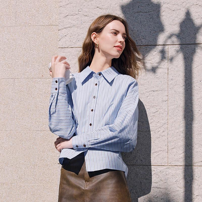 BATTU Women's French Style Striped Cotton Long-Sleeve Shirt