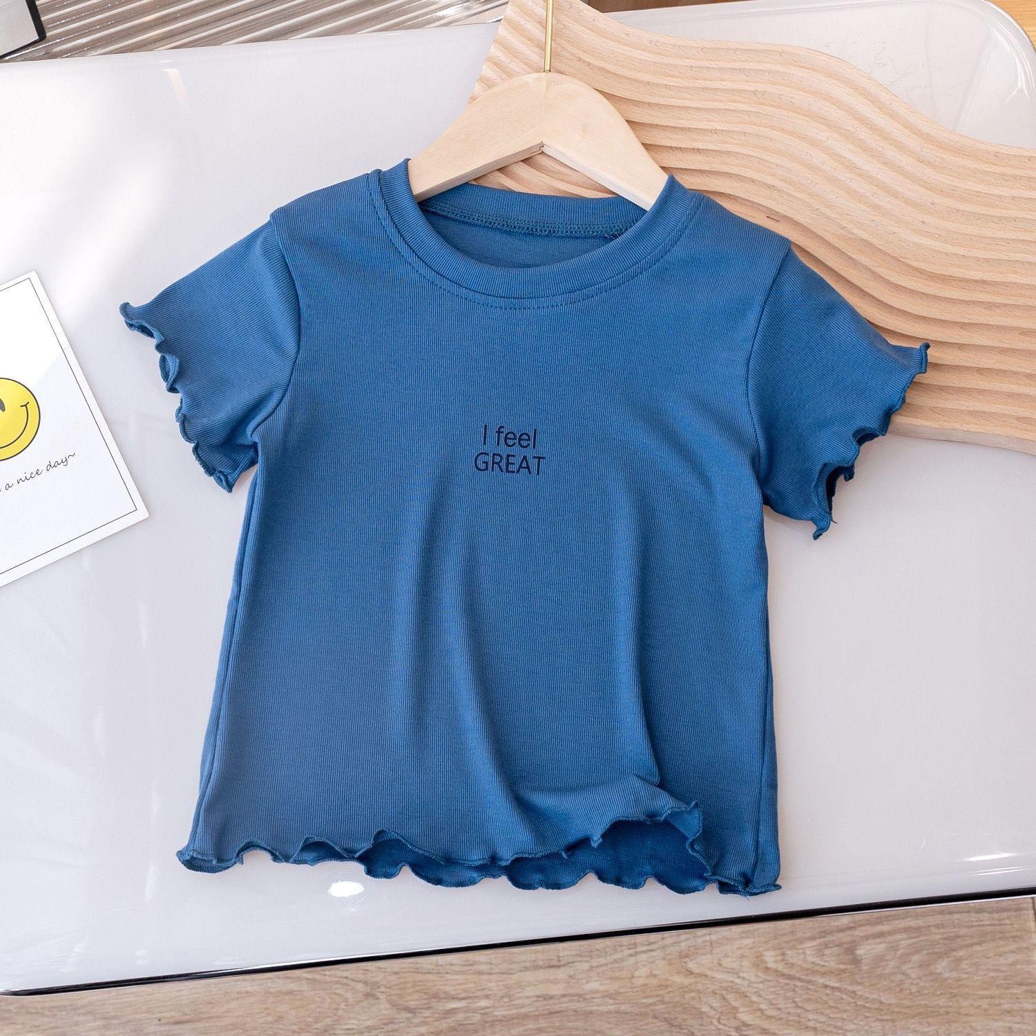 

Футболка с оборками для девочек в корейском стиле, летний универсальный однотонный летний модный топ 140 синий