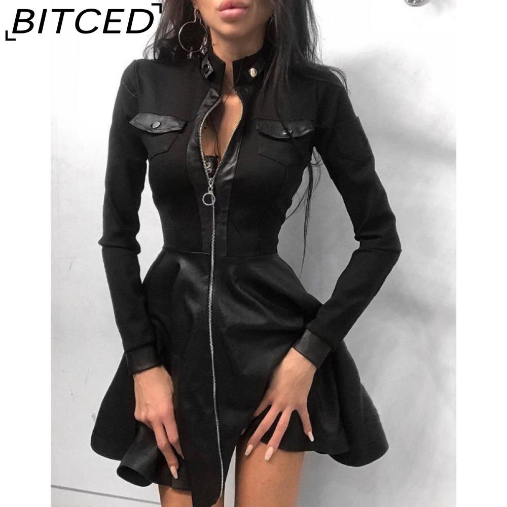 

BITCED Модное женское кружевное мини-платье с длинным рукавом и молнией из искусственной кожи с большим подолом M