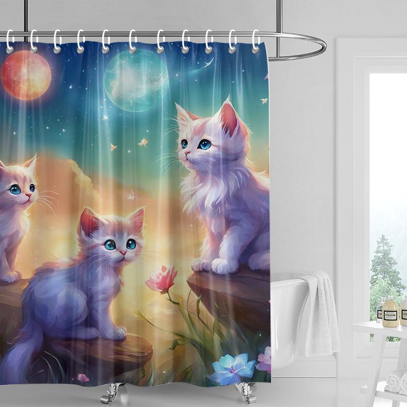 Adorable Cat & Flower Shower Curtain Washable Dirt-Resistant Shower Head Waterproof Polyester Bath Curtain For Home Decor