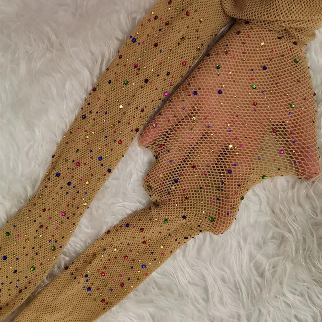 Rhinestone Pantyhose Women Lingerie Sexy Lace Mesh Fishnet Stockings Women Tights Diamond Shiny Nightclub Pantyhose Tights Women