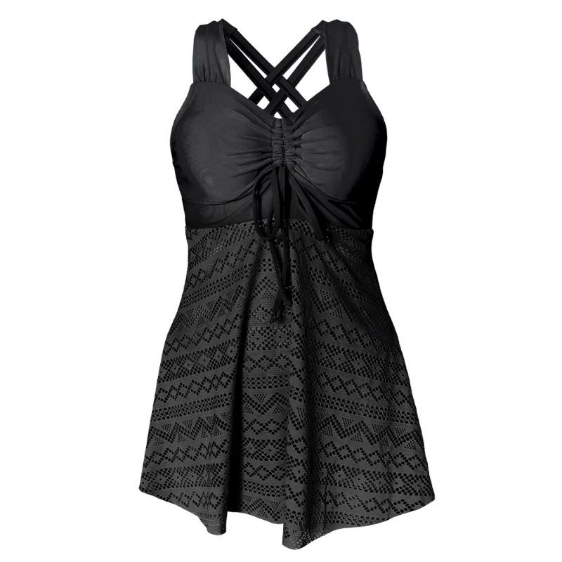 Women's Pink Lace Overlay Crisscross Back Drawstring Tankini Swimsuit